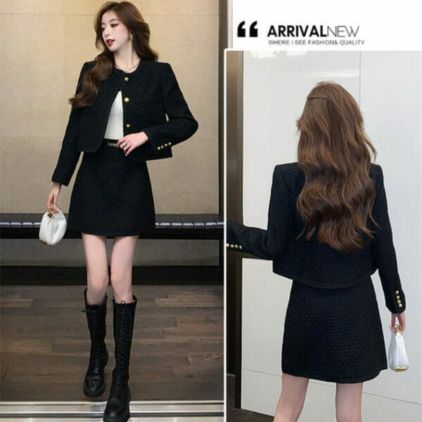 Simple Fashion Single-breasted Tweed Jacket with Short Skirt 5