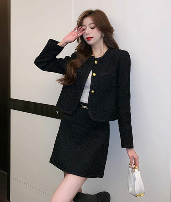 Simple Fashion Single-breasted Tweed Jacket with Short Skirt 4
