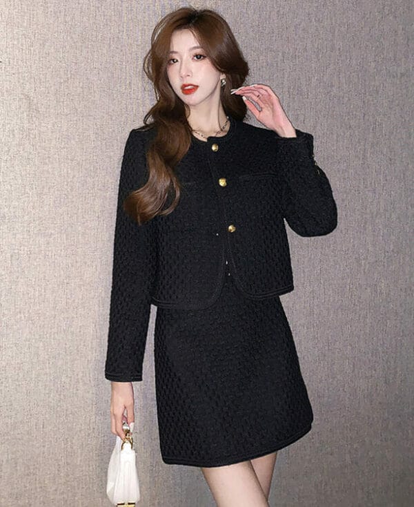 Simple Fashion Single-breasted Tweed Jacket with Short Skirt 3