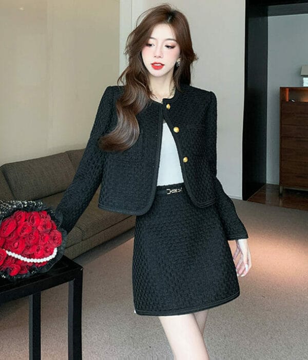 Simple Fashion Single-breasted Tweed Jacket with Short Skirt 2