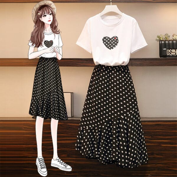 Simple Plus Fashion Heart T-shirt Fishtail Dots A-line Skirt 2