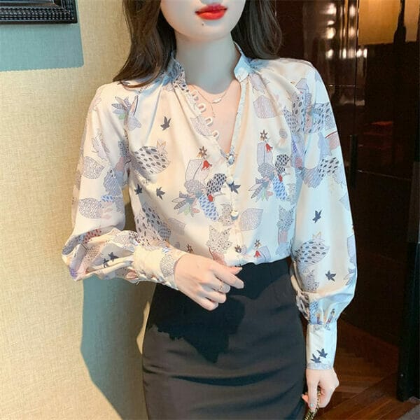 Spring Buttons V-neck Flowers Long Sleeve Blouse 5