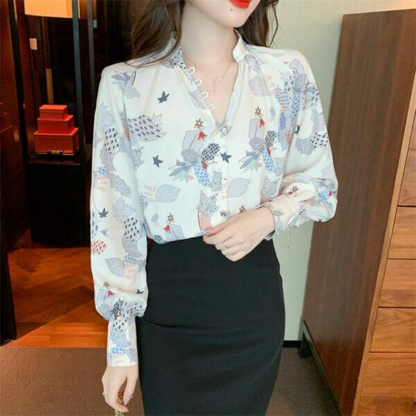 Spring Buttons V-neck Flowers Long Sleeve Blouse 3