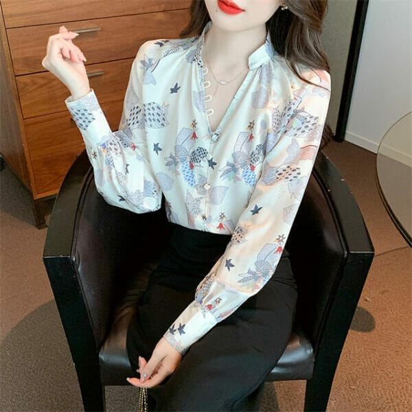 Spring Buttons V-neck Flowers Long Sleeve Blouse 2