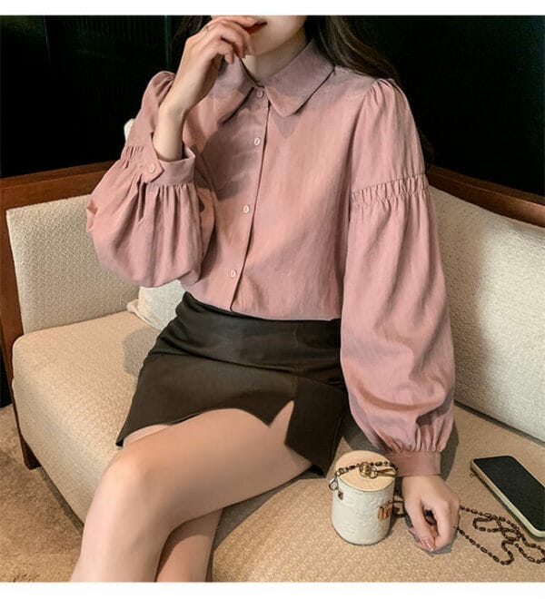 Spring Doll Collar Pleated Puff Sleeve Loosen Blouse 3