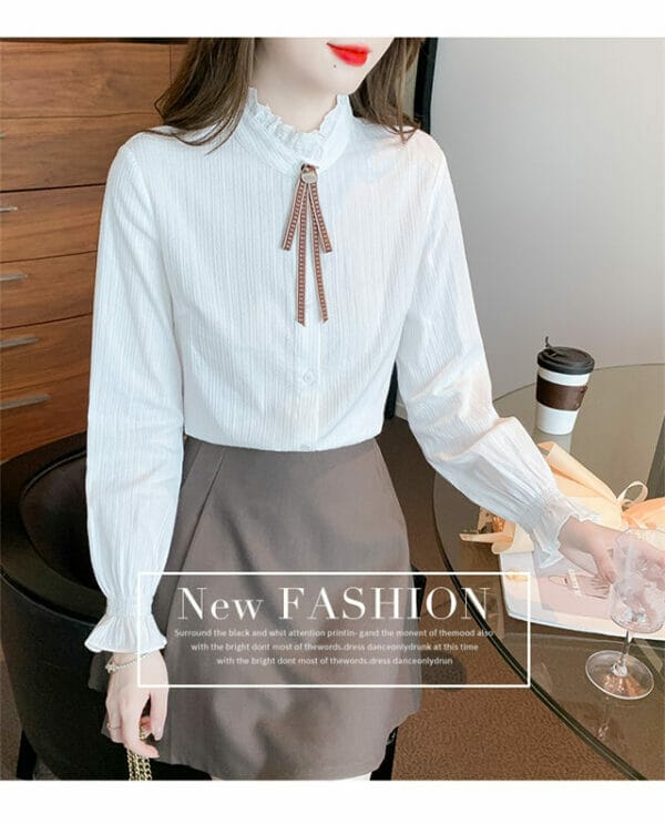 Spring Fashion 2 Colors Tie Collar Flare Sleeve Blouse 6
