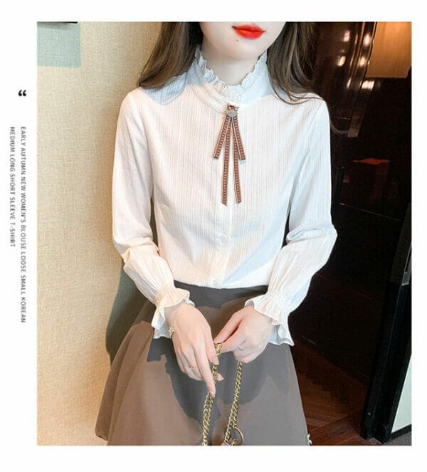 Spring Fashion 2 Colors Tie Collar Flare Sleeve Blouse 5