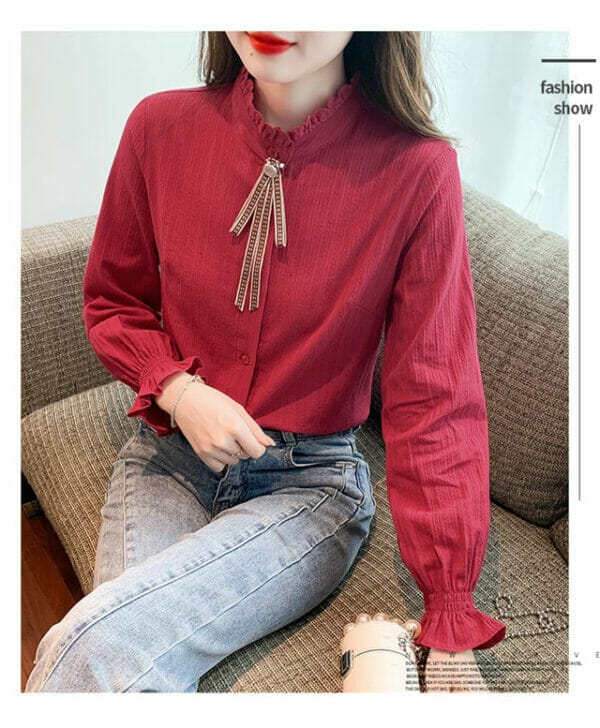 Spring Fashion 2 Colors Tie Collar Flare Sleeve Blouse 3