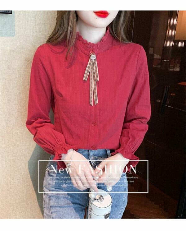 Spring Fashion 2 Colors Tie Collar Flare Sleeve Blouse 2