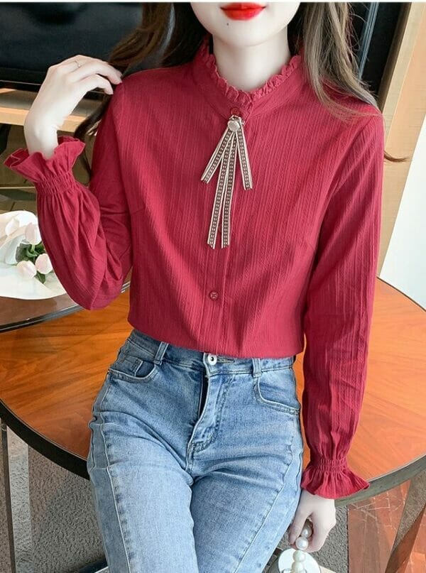 Spring Fashion 2 Colors Tie Collar Flare Sleeve Blouse 1