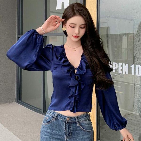 Spring Fashion Flouncing V-neck Puff Sleeve Short Blouse 4