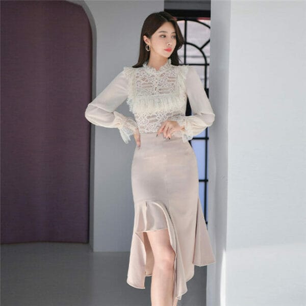 Spring Fashion Lace Flouncing Blouse with Fishtail Skirt 4