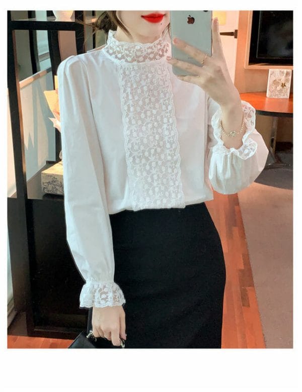 Spring Fashion Lace Flowers Stand Collar Puff Sleeve Blouse 5