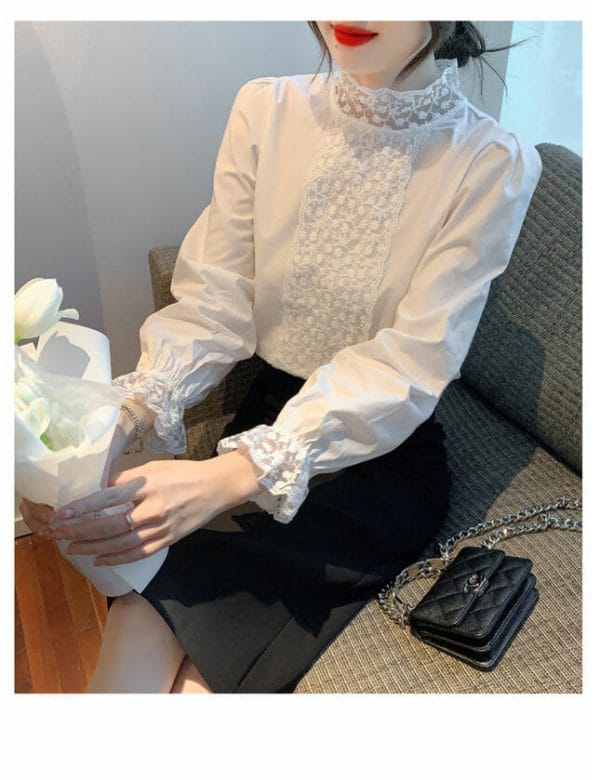 Spring Fashion Lace Flowers Stand Collar Puff Sleeve Blouse 4