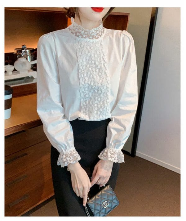 Spring Fashion Lace Flowers Stand Collar Puff Sleeve Blouse 3
