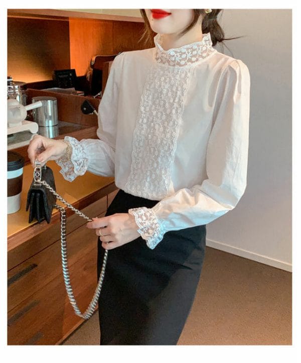 Spring Fashion Lace Flowers Stand Collar Puff Sleeve Blouse 2