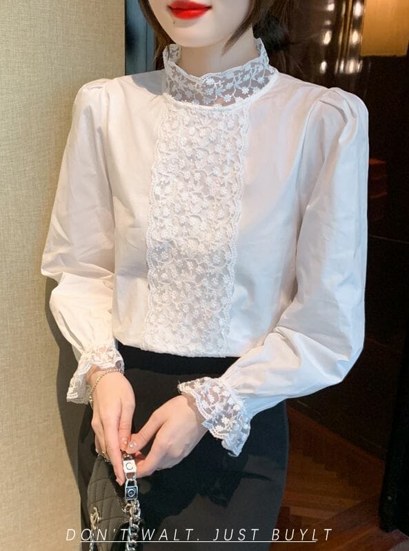 Spring Fashion Lace Flowers Stand Collar Puff Sleeve Blouse 1