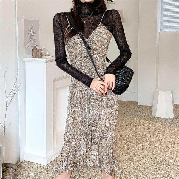 Spring Fashion Stand Collar Knit Tops with Fishtail Straps Dress 3