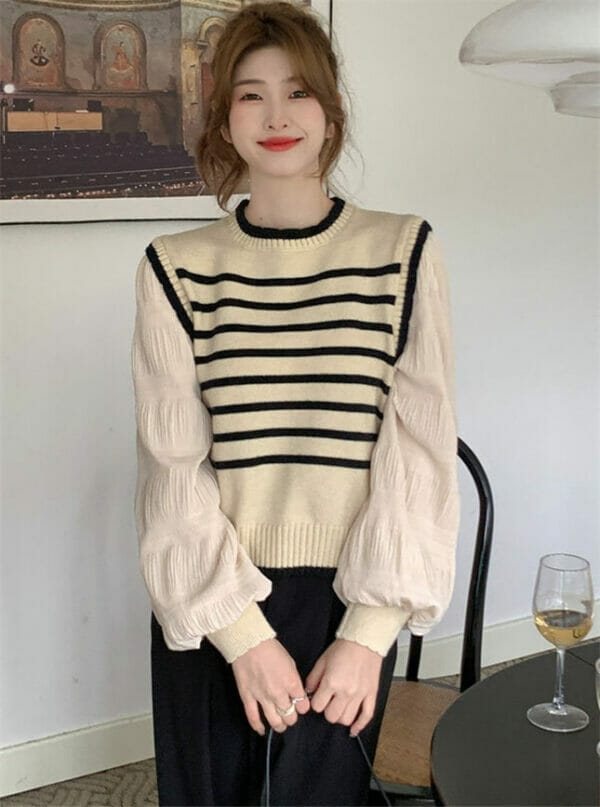 Spring Fashion Stripes Puff Sleeve Loosen Knitting Tops 1