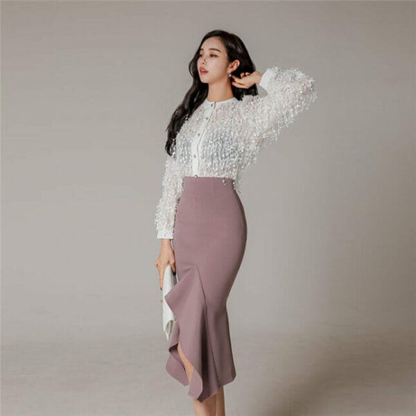 Spring Fashion Tassels Puff Sleeve Blouse with Fishtail Midi Skirt 4