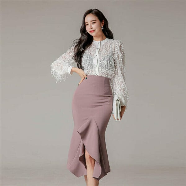 Spring Fashion Tassels Puff Sleeve Blouse with Fishtail Midi Skirt 3