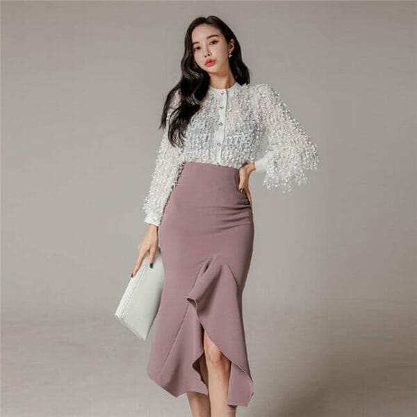 Spring Fashion Tassels Puff Sleeve Blouse with Fishtail Midi Skirt 2