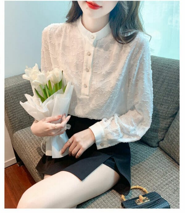 Spring Jacquard Flowers Lace Long Sleeve Blouse 5