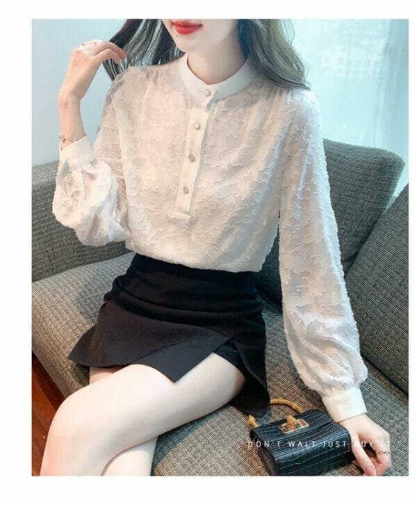 Spring Jacquard Flowers Lace Long Sleeve Blouse 2