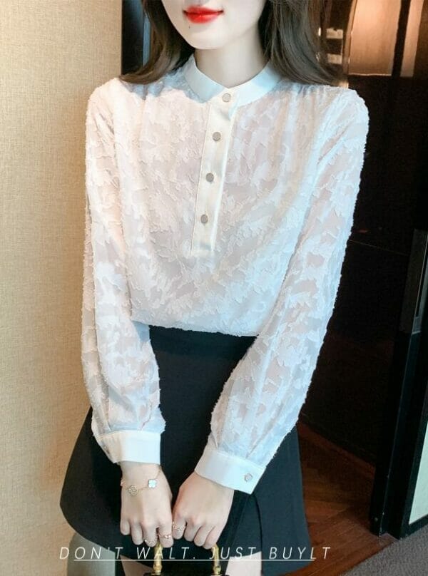 Spring Jacquard Flowers Lace Long Sleeve Blouse 1