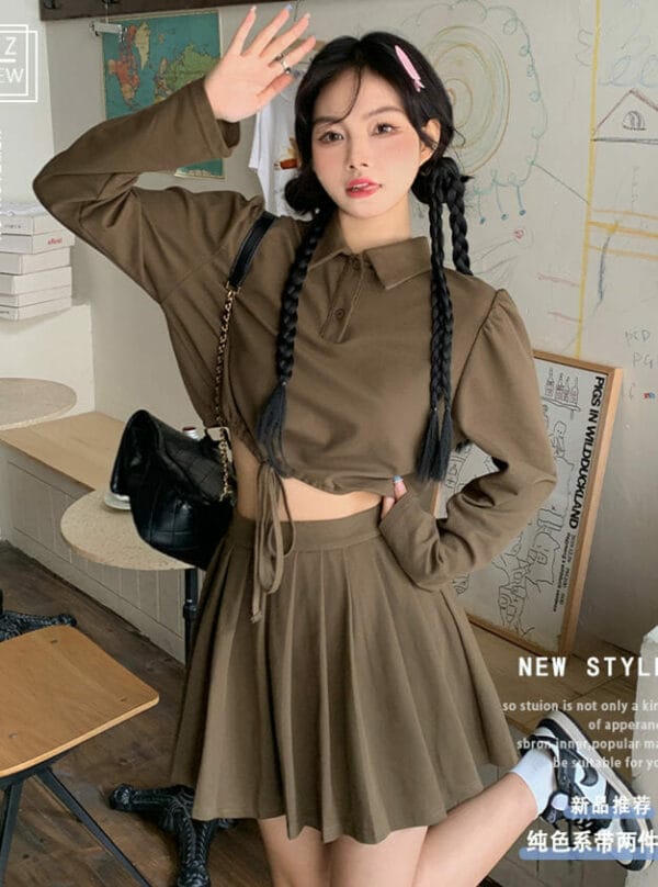Spring New 2 Colors Draw-string Short Tops with Pleated Skirt 1