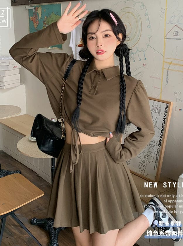 Spring New 2 Colors Draw-string Short Tops With Pleated Skirt