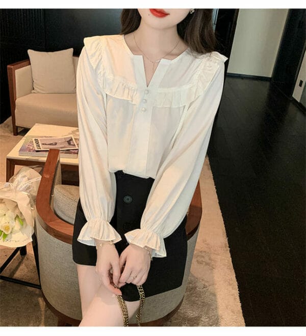 Spring New 2 Colors Flouncing Collar Puff Sleeve Blouse 5