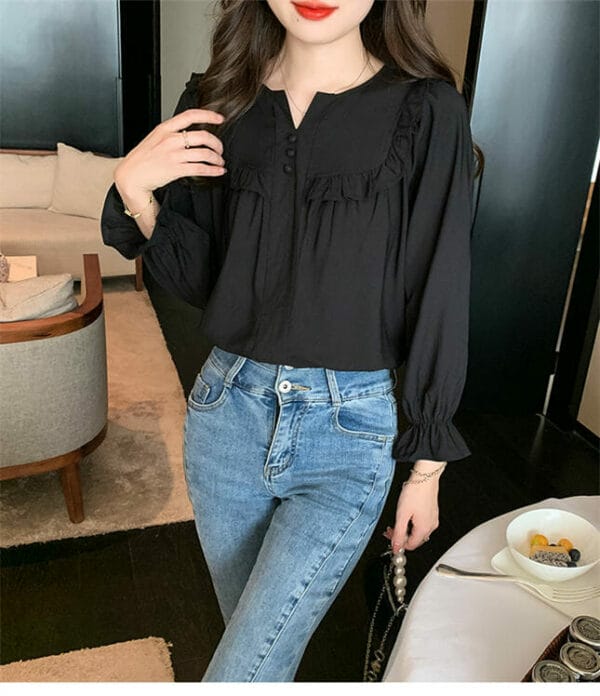 Spring New 2 Colors Flouncing Collar Puff Sleeve Blouse 3