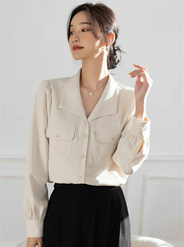 Spring New 2 Colors Turn-down Collar Loosen Blouse 6