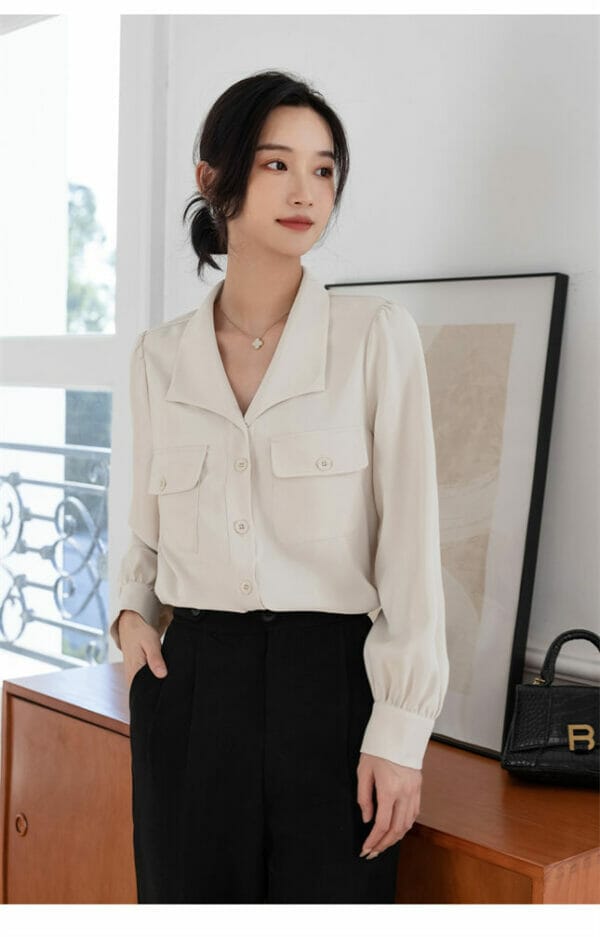 Spring New 2 Colors Turn-down Collar Loosen Blouse 5