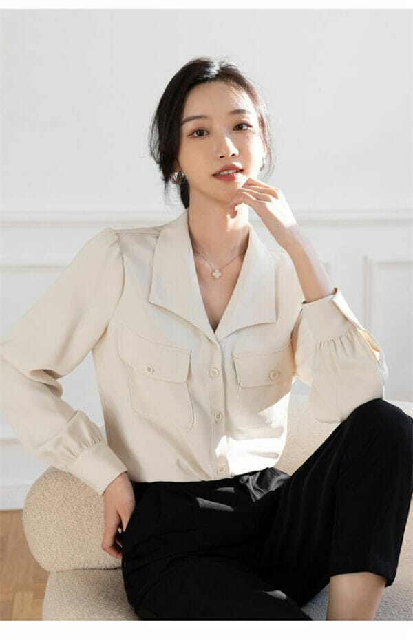 Spring New 2 Colors Turn-down Collar Loosen Blouse 4