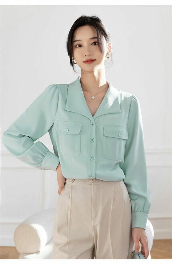 Spring New 2 Colors Turn-down Collar Loosen Blouse 3