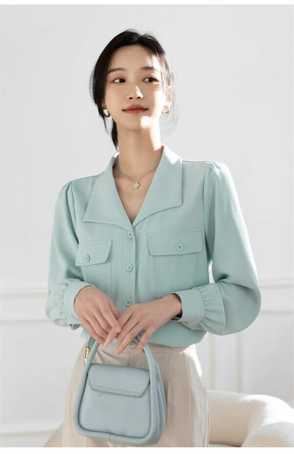 Spring New 2 Colors Turn-down Collar Loosen Blouse 2