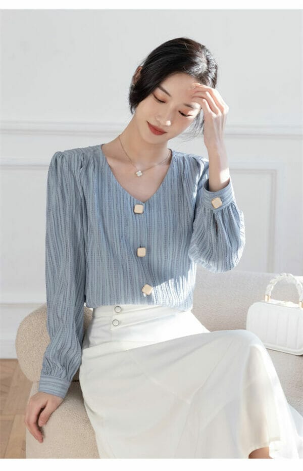 Spring New Arrive Buttons V-neck Stripes Casual Blouse 5