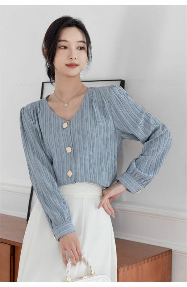 Spring New Arrive Buttons V-neck Stripes Casual Blouse 4