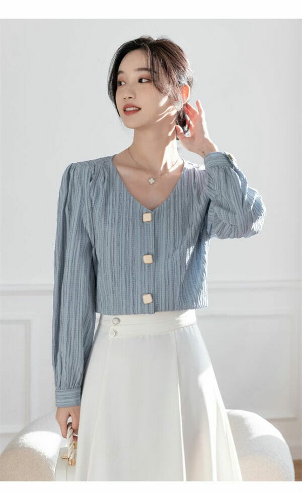 Spring New Arrive Buttons V-neck Stripes Casual Blouse 3
