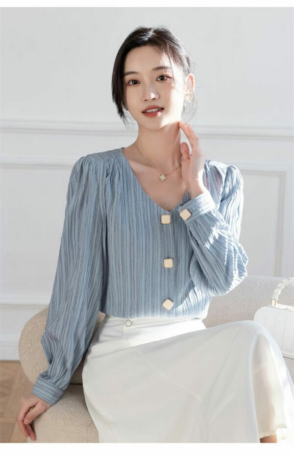 Spring New Arrive Buttons V-neck Stripes Casual Blouse 2