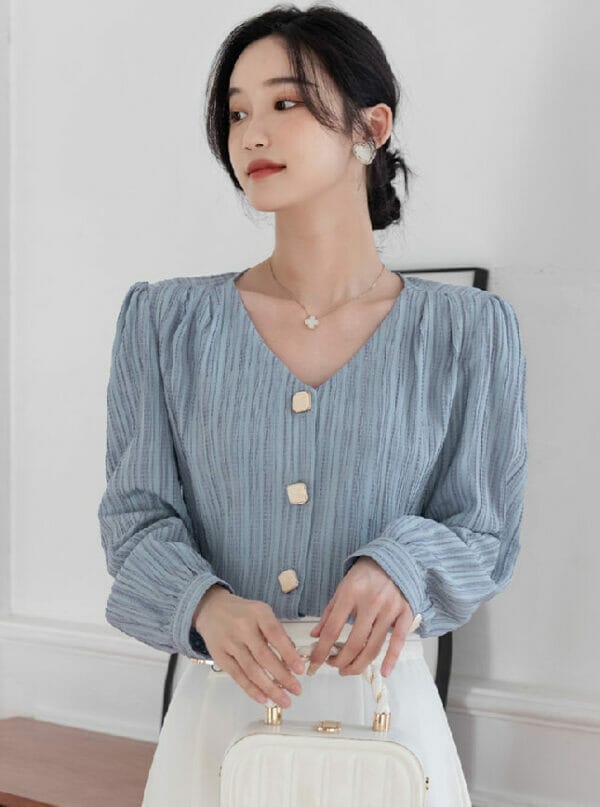 Spring New Arrive Buttons V-neck Stripes Casual Blouse 1