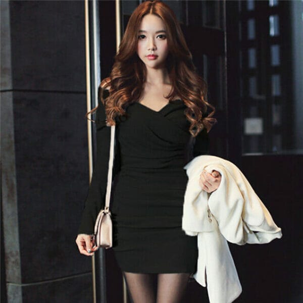 Spring New Arrive Pleated V-neck Long Sleeve Dress 4