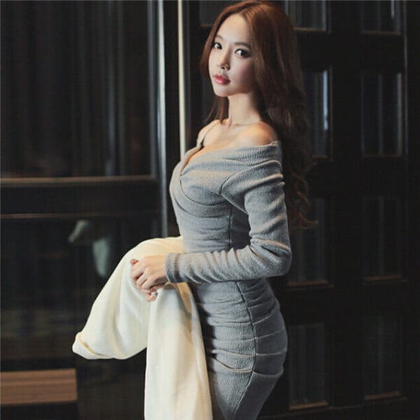 Spring New Arrive Pleated V-neck Long Sleeve Dress 3