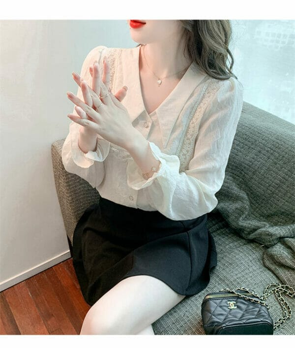 Spring New Arrive V-neck Lace Splicing Puff Sleeve Blouse 5