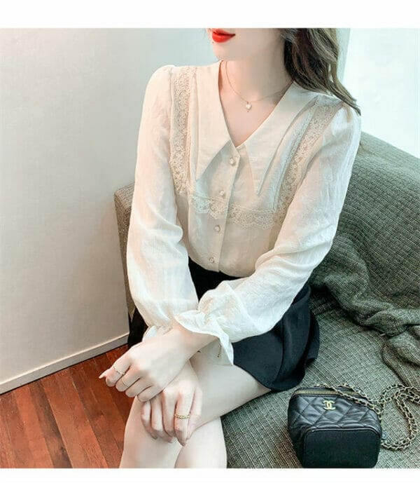 Spring New Arrive V-neck Lace Splicing Puff Sleeve Blouse 4