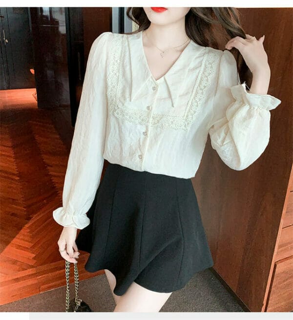 Spring New Arrive V-neck Lace Splicing Puff Sleeve Blouse 3