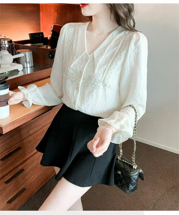 Spring New Arrive V-neck Lace Splicing Puff Sleeve Blouse 2