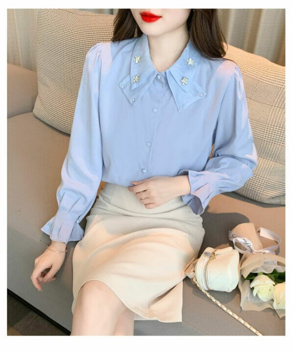 Spring New Beads Rhinestones Doll Collar Flare Sleeve Blouse 5